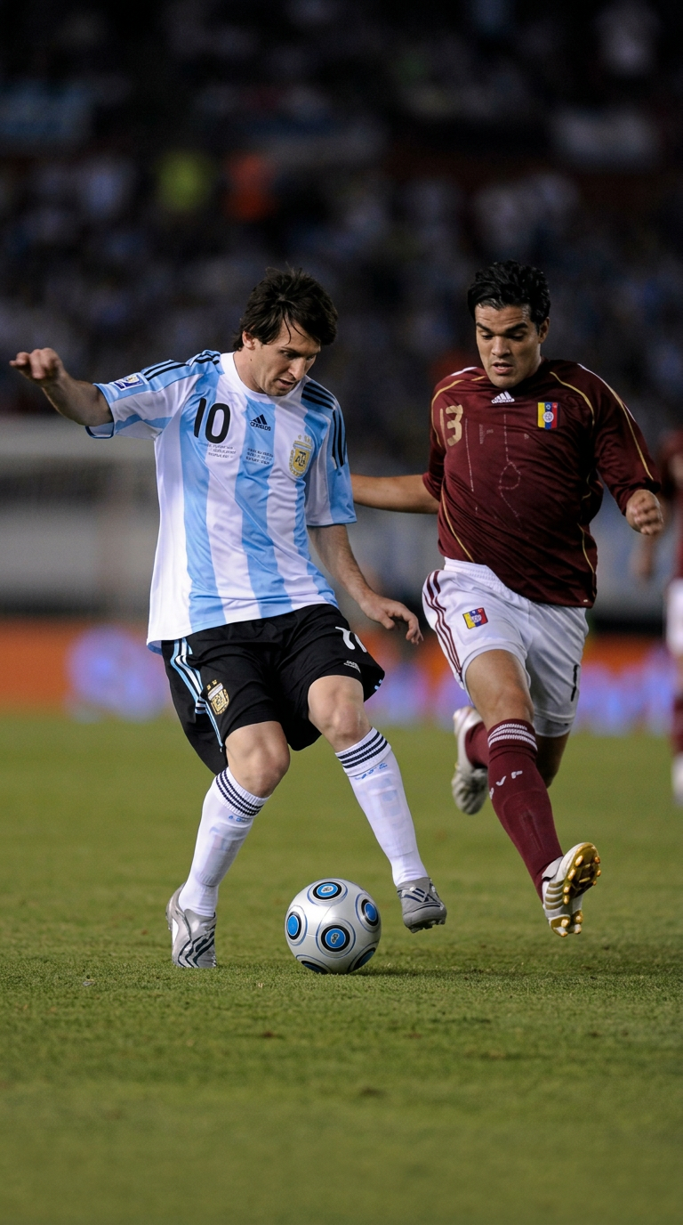 Juan Fuenmayor of Venezuela challenging Lionel Messi of Argentina for the ball
